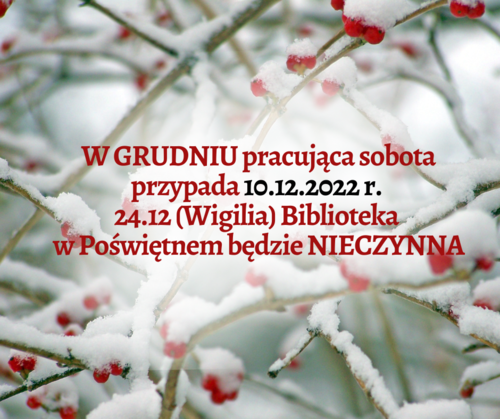 W GRUDNIU pracująca sobota przypada 10.12.2022 r. 24.12 (Wigilia) Biblioteka w Poświętnem będzie NIECZYNNA.png